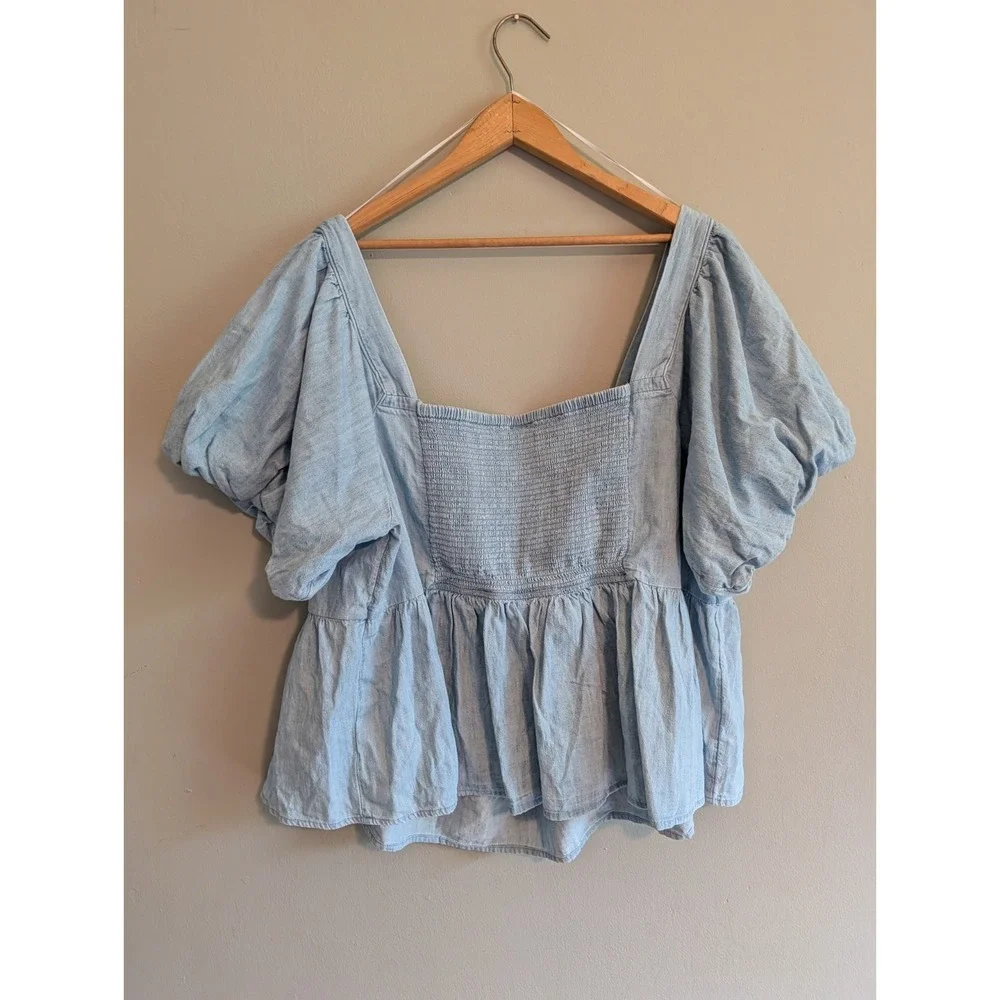 Old Navy 3X Denim Chambray Peasant Top‎ Puff Sleeve Smocked Boho Prairie Cottage
